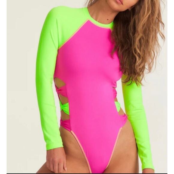 LoveShackFancy x Hurley Pink & Lime Blocked Bow Cheeky Surf Swimsuit XL - Picture 1 of 13
